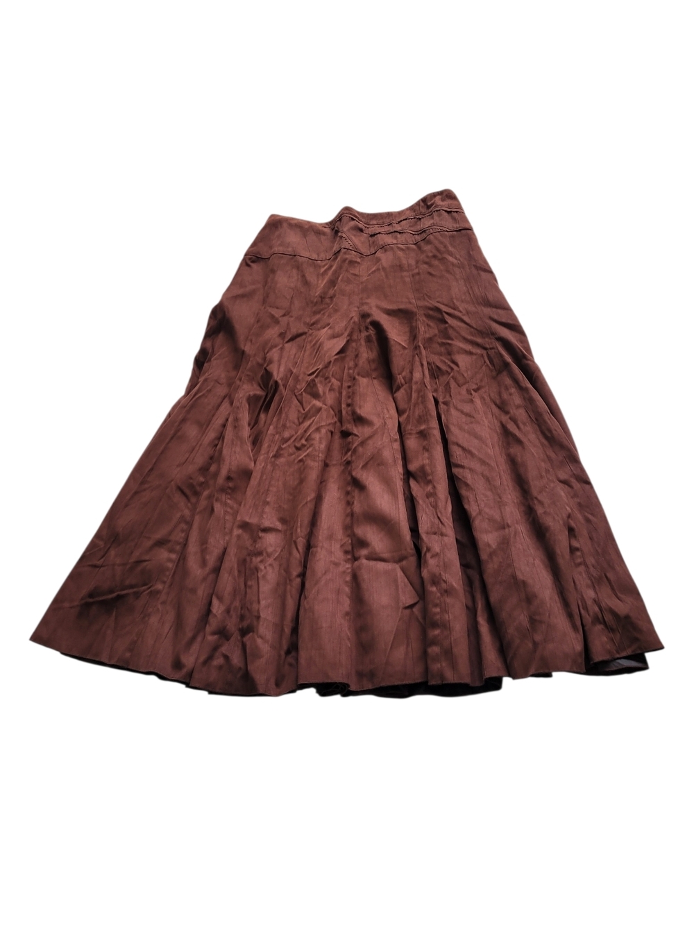 Vintage Faux Suede A-line Midi Skirt Gored Flared Chocolate Brown Size 10 - Picture 2 of 13